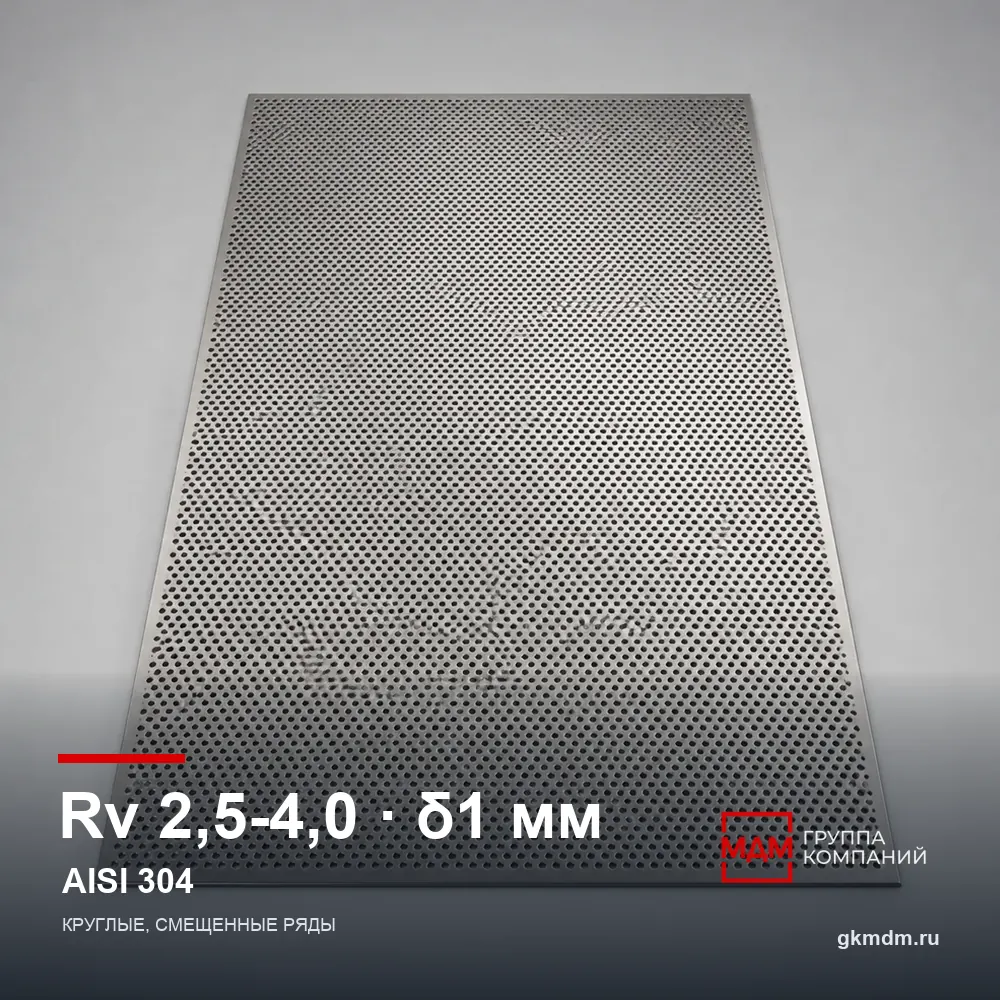 Лист перфорированный нержавеющий Rv 2.5-4.0 1 мм AISI 304 — характеристики и внешний вид
