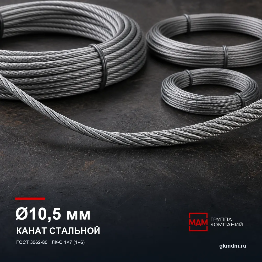 Канат стальной 10,5 мм ГОСТ 3062-80 — характеристики и внешний вид